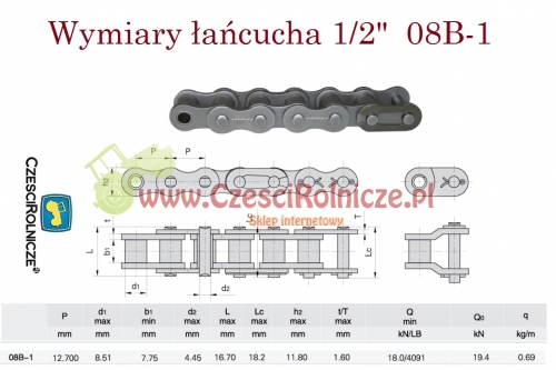 Łańcuch 08b-1 wymiary